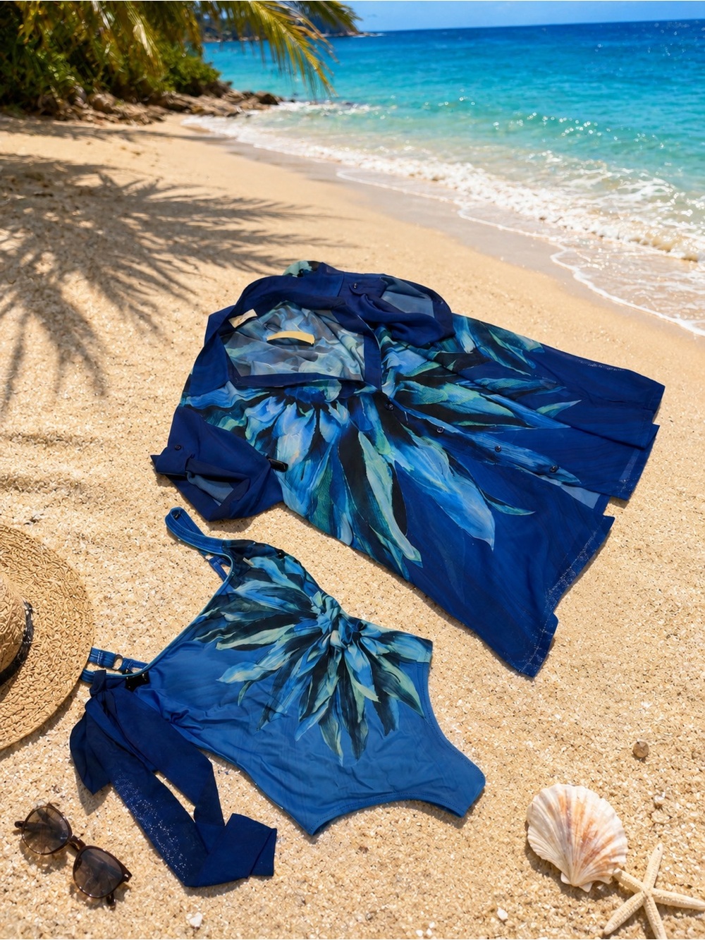 Gottex Blue Floral Print Swimsuit with Sheer Cover-Up